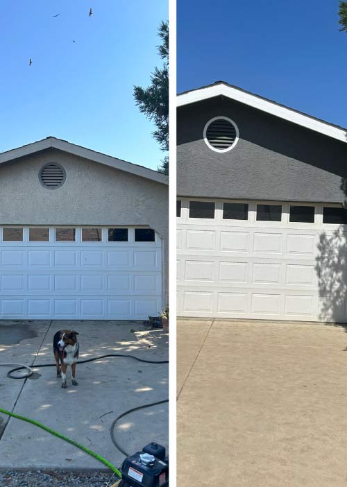 before and after images of a painting job on the exterior of a house